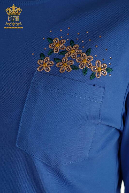 Toptan Kadın Bluz Cep Detaylı Saks - 79477 | KAZEE
