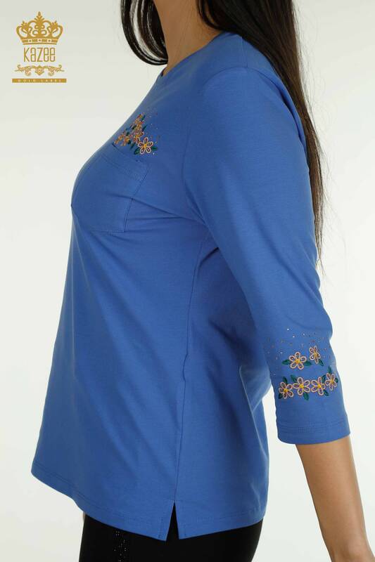 Toptan Kadın Bluz Cep Detaylı Saks - 79477 | KAZEE