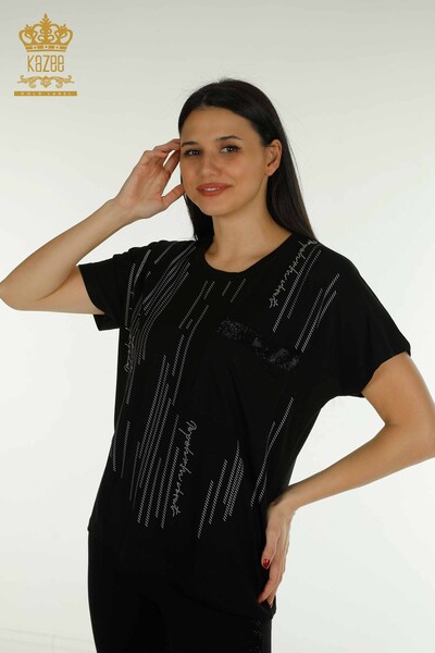 Toptan Kadın Bluz Cep Detaylı Siyah - 79140 | KAZEE - Thumbnail
