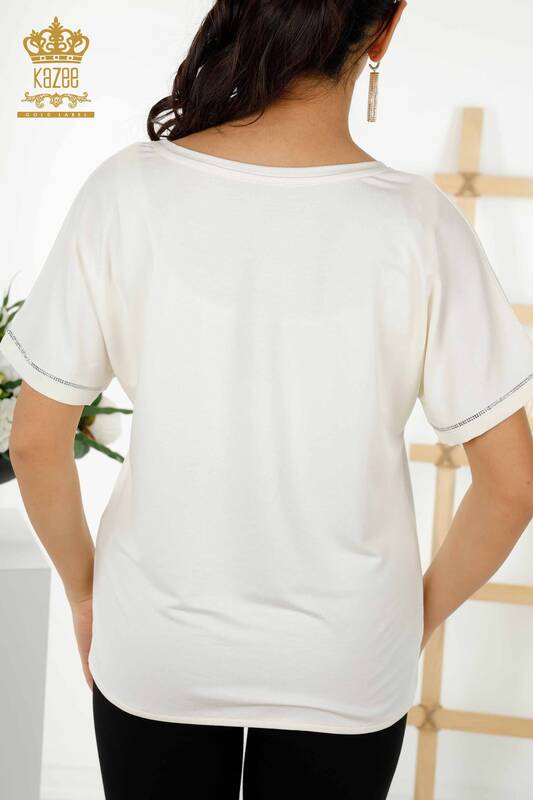 Toptan Kadın Bluz Cep Taş İşlemeli Beyaz - 79195 | KAZEE