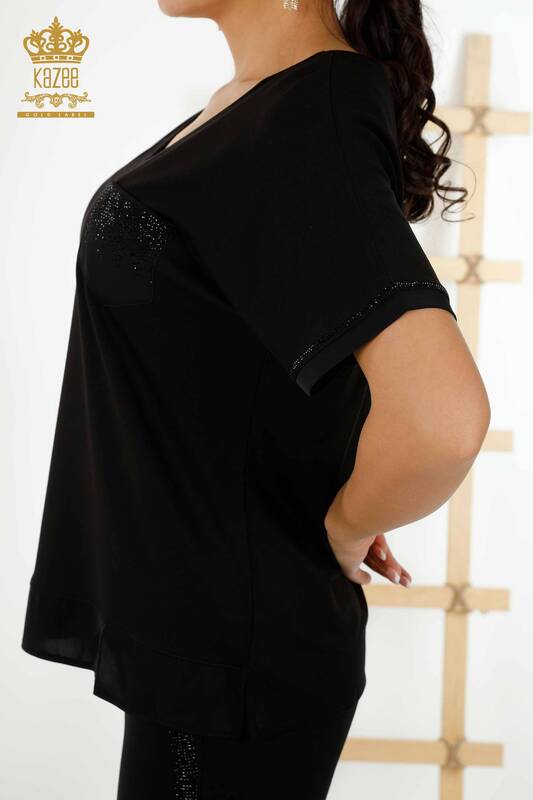Toptan Kadın Bluz Cep Taş İşlemeli Siyah - 79195 | KAZEE