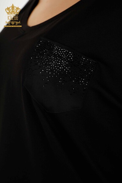 Toptan Kadın Bluz Cep Taş İşlemeli Siyah - 79195 | KAZEE - Thumbnail