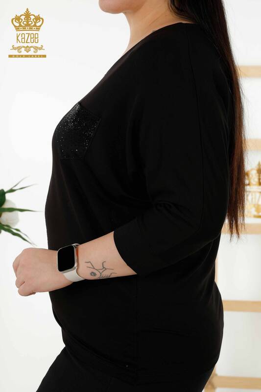 Toptan Kadın Bluz Cep Taş İşlemeli Siyah - 79222 | KAZEE
