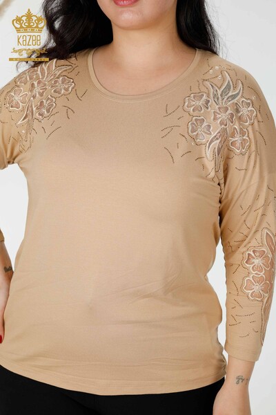 Toptan Kadın Bluz Çiçek Desenli Bej - 77950 | KAZEE - Thumbnail