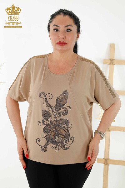 Toptan Kadın Bluz Çiçek Desenli Bej - 79121 | KAZEE - Thumbnail
