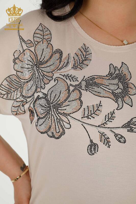 Toptan Kadın Bluz Çiçek Desenli Bej - 79307 | KAZEE