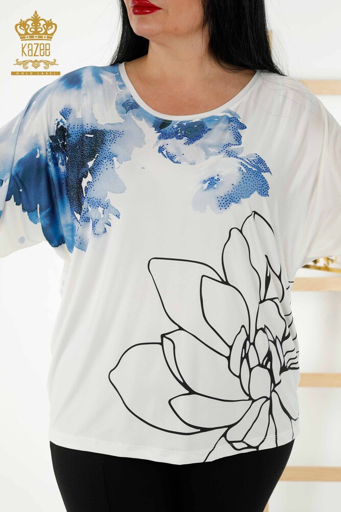 Toptan Kadın Bluz Çiçek Desenli Ekru - 77802 | KAZEE - 2
