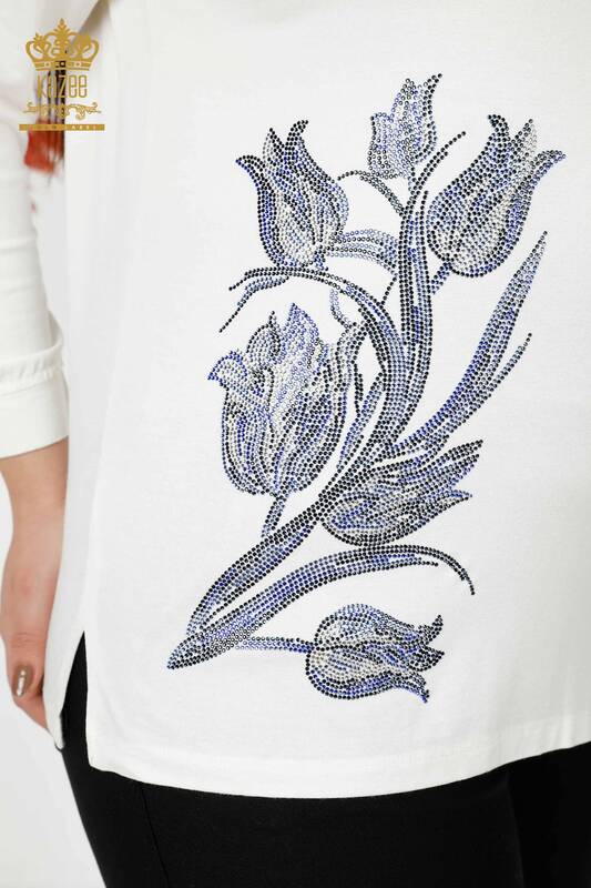 Toptan Kadın Bluz Çiçek Desenli Ekru - 77908 | KAZEE