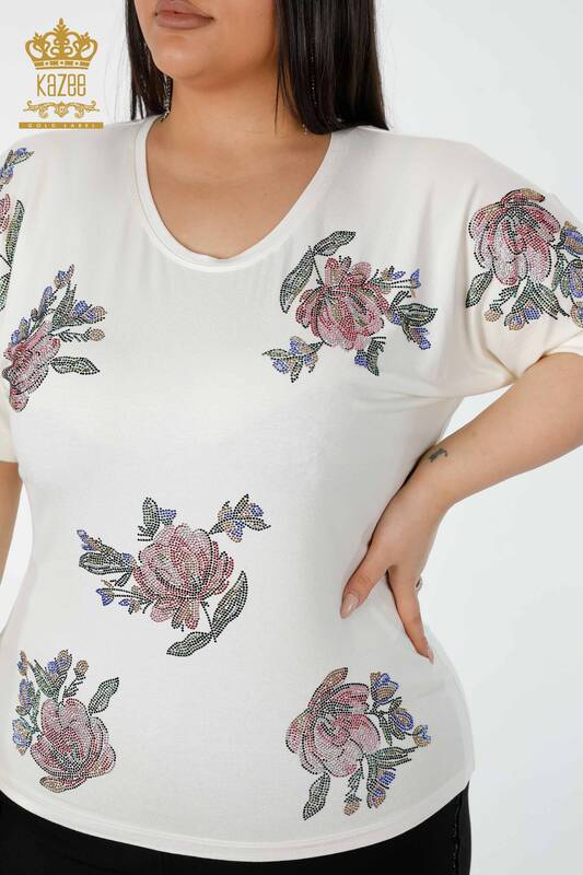Toptan Kadın Bluz Çiçek Desenli Ekru - 78937 | KAZEE