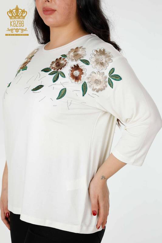Toptan Kadın Bluz Çiçek Desenli Ekru - 78947 | KAZEE