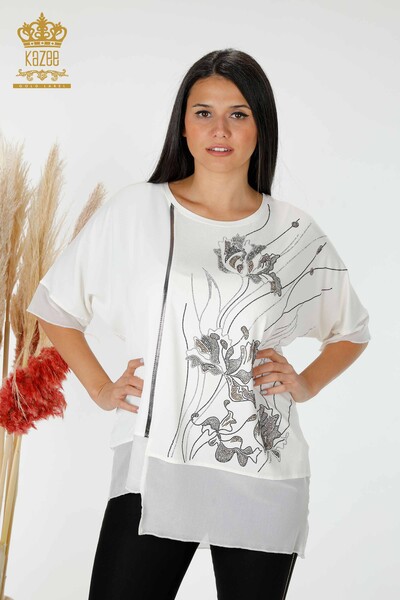 Toptan Kadın Bluz Çiçek Desenli Ekru - 79028 | KAZEE - Thumbnail