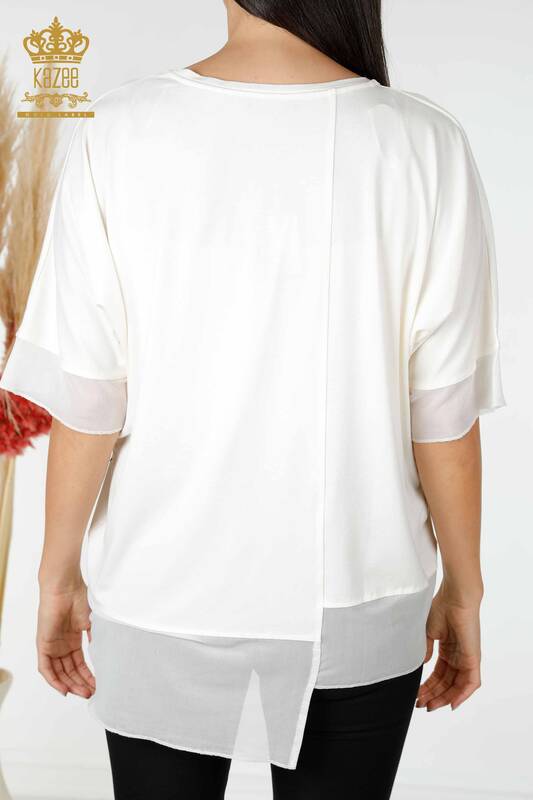 Toptan Kadın Bluz Çiçek Desenli Ekru - 79028 | KAZEE