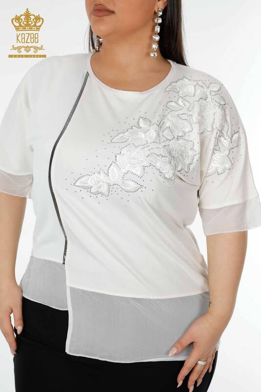 Toptan Kadın Bluz Çiçek Desenli Ekru - 79031 | KAZEE