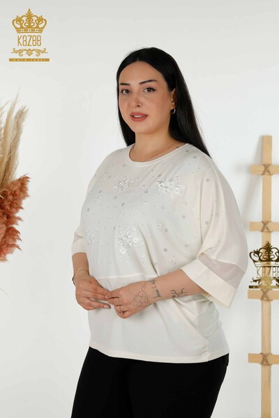 Toptan Kadın Bluz Çiçek Desenli Ekru - 79087 | KAZEE - Thumbnail