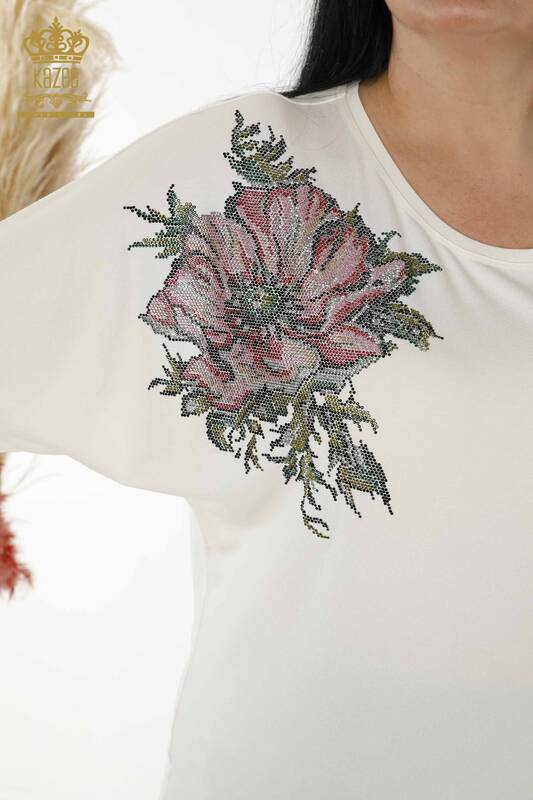 Toptan Kadın Bluz Çiçek Desenli Ekru - 79089 | KAZEE