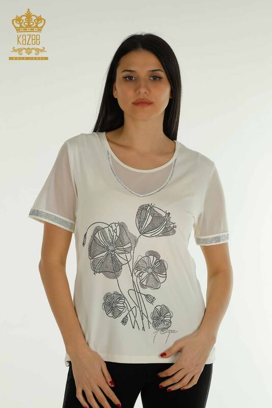 Toptan Kadın Bluz Çiçek Desenli Ekru - 79290 | KAZEE