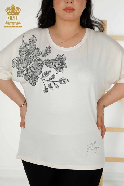 Toptan Kadın Bluz Çiçek Desenli Ekru - 79307 | KAZEE - Thumbnail