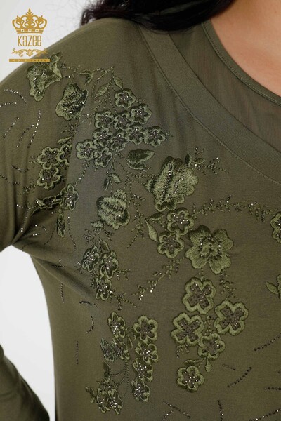 Toptan Kadın Bluz Çiçek Desenli Haki - 78848 | KAZEE - Thumbnail