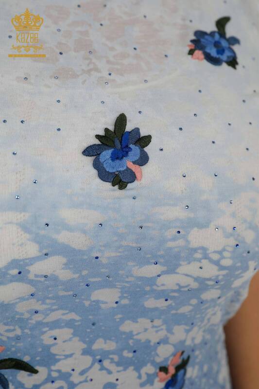 Toptan Kadın Bluz Çiçek Desenli İndigo - 79134 | KAZEE