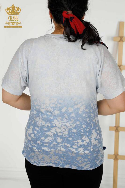 Toptan Kadın Bluz Çiçek Desenli İndigo - 79134 | KAZEE
