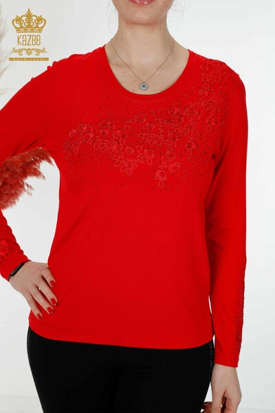 Toptan Kadın Bluz Çiçek Desenli Kırmızı - 79010 | KAZEE - Thumbnail
