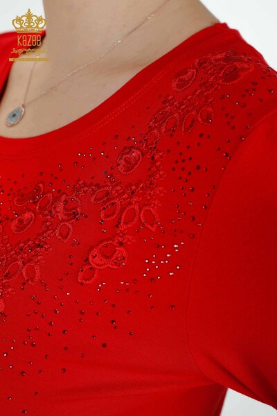 Toptan Kadın Bluz Çiçek Desenli Kırmızı - 79010 | KAZEE - Thumbnail