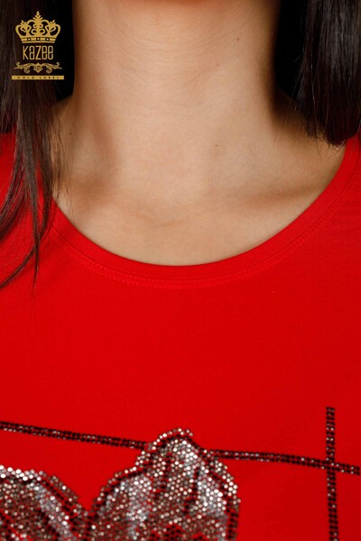 Toptan Kadın Bluz Çiçek Desenli Kırmızı - 79014 | KAZEE - Thumbnail