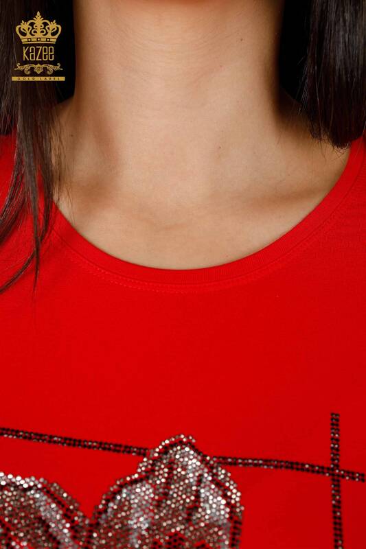 Toptan Kadın Bluz Çiçek Desenli Kırmızı - 79014 | KAZEE