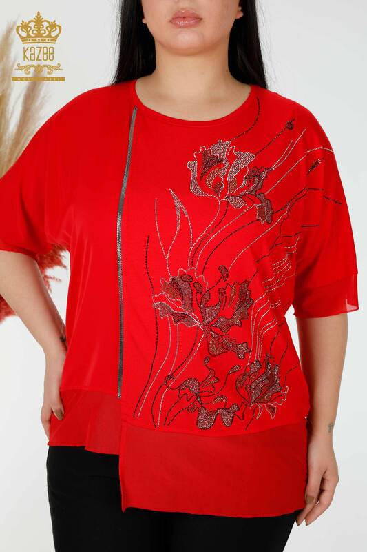 Toptan Kadın Bluz Çiçek Desenli Kırmızı - 79028 | KAZEE