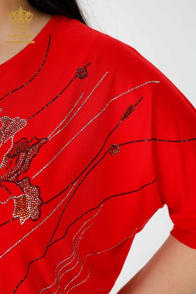 Toptan Kadın Bluz Çiçek Desenli Kırmızı - 79028 | KAZEE - Thumbnail