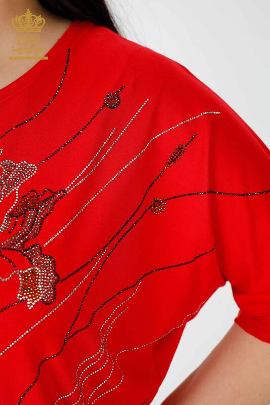 Toptan Kadın Bluz Çiçek Desenli Kırmızı - 79028 | KAZEE