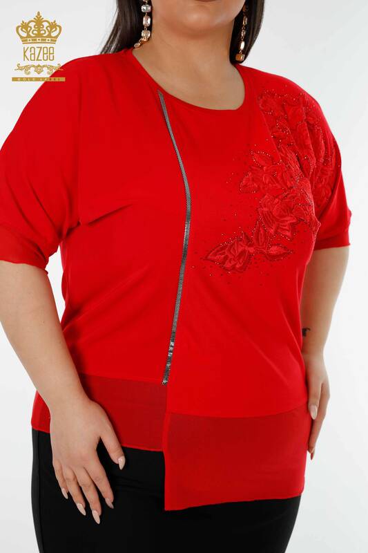 Toptan Kadın Bluz Çiçek Desenli Kırmızı - 79031 | KAZEE