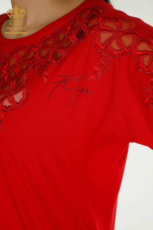 Toptan Kadın Bluz Çiçek Desenli Kırmızı - 79049 | KAZEE