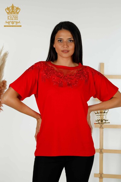 Toptan Kadın Bluz Çiçek Desenli Kırmızı - 79081 | KAZEE - Thumbnail