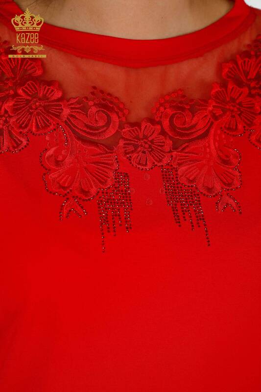 Toptan Kadın Bluz Çiçek Desenli Kırmızı - 79081 | KAZEE