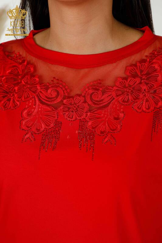 Toptan Kadın Bluz Çiçek Desenli Kırmızı - 79081 | KAZEE