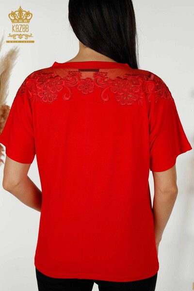 Toptan Kadın Bluz Çiçek Desenli Kırmızı - 79081 | KAZEE - Thumbnail