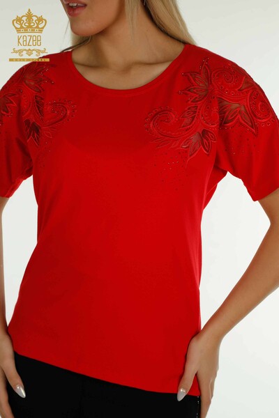 Toptan Kadın Bluz Çiçek Desenli Kırmızı - 79093 | KAZEE - Thumbnail