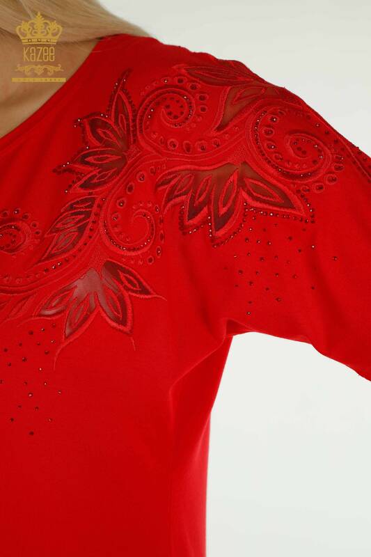 Toptan Kadın Bluz Çiçek Desenli Kırmızı - 79093 | KAZEE