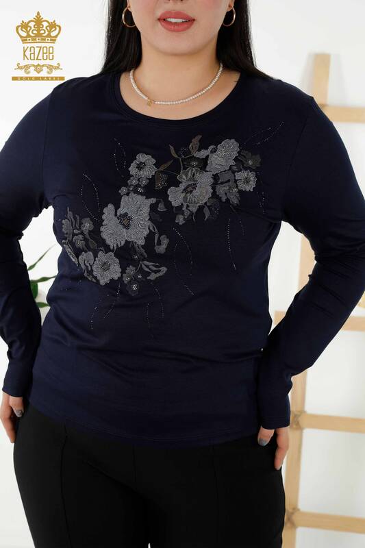 Toptan Kadın Bluz Çiçek Desenli Lacivert - 79045 | KAZEE