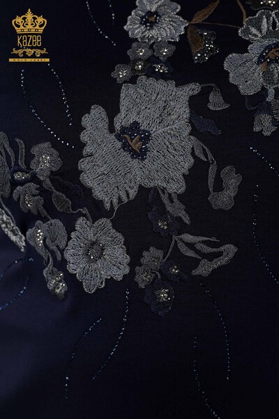 Toptan Kadın Bluz Çiçek Desenli Lacivert - 79045 | KAZEE - Thumbnail