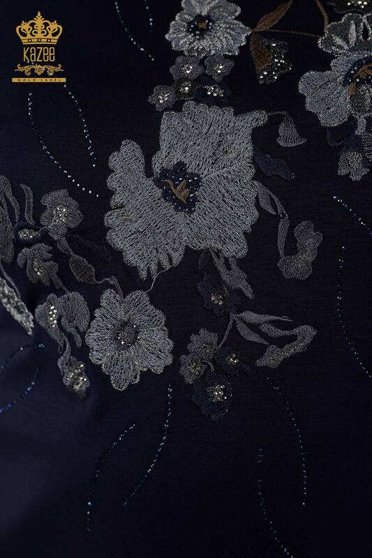 Toptan Kadın Bluz Çiçek Desenli Lacivert - 79045 | KAZEE
