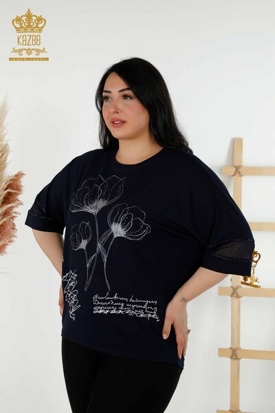 Toptan Kadın Bluz Çiçek Desenli Lacivert - 79059 | KAZEE - Thumbnail