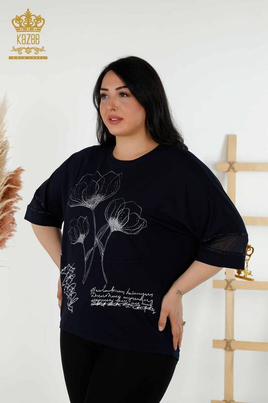 Toptan Kadın Bluz Çiçek Desenli Lacivert - 79059 | KAZEE