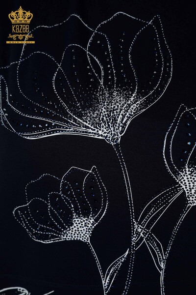 Toptan Kadın Bluz Çiçek Desenli Lacivert - 79059 | KAZEE - Thumbnail