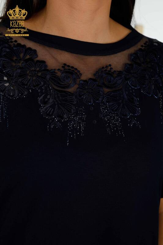 Toptan Kadın Bluz Çiçek Desenli Lacivert - 79081 | KAZEE