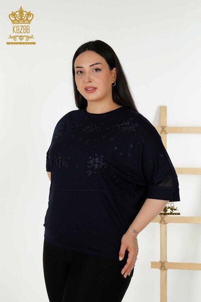 Toptan Kadın Bluz Çiçek Desenli Lacivert - 79087 | KAZEE