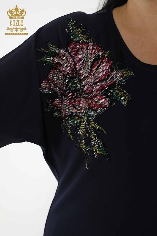 Toptan Kadın Bluz Çiçek Desenli Lacivert - 79089 | KAZEE