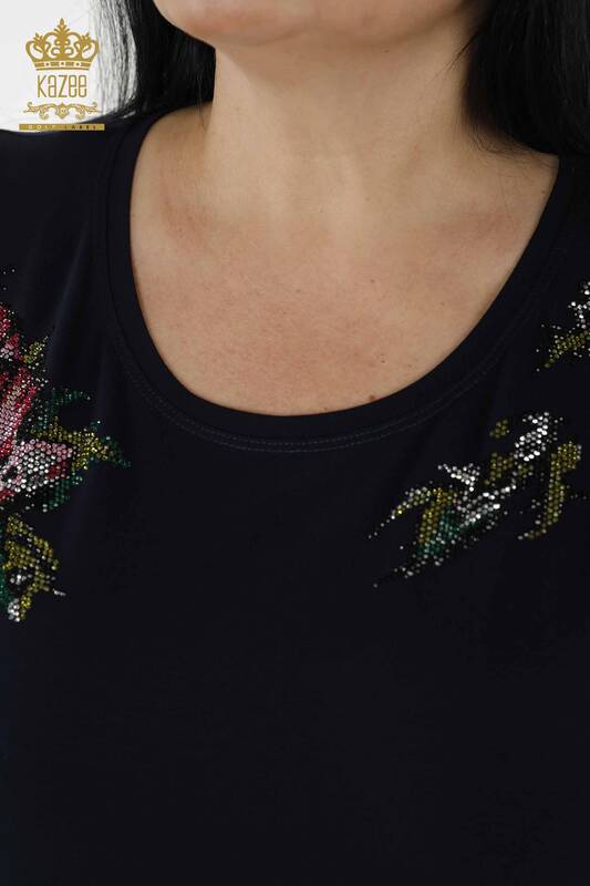 Toptan Kadın Bluz Çiçek Desenli Lacivert - 79089 | KAZEE