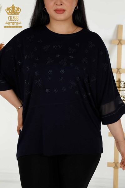 Toptan Kadın Bluz Çiçek Desenli Lacivert - 79100 | KAZEE - Thumbnail